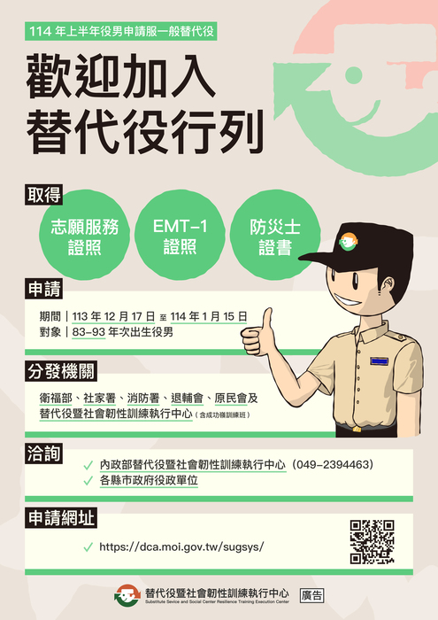 114年上半年役男申請服一般替代役甄選作業規定圖片